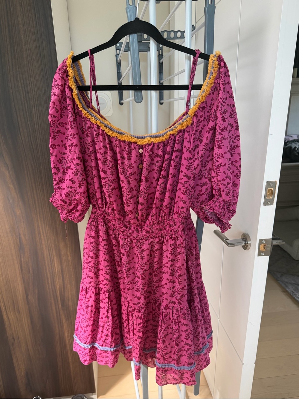 Betsey Johnson Pink Floral Off-Shoulder Tunic with Yellow Trim